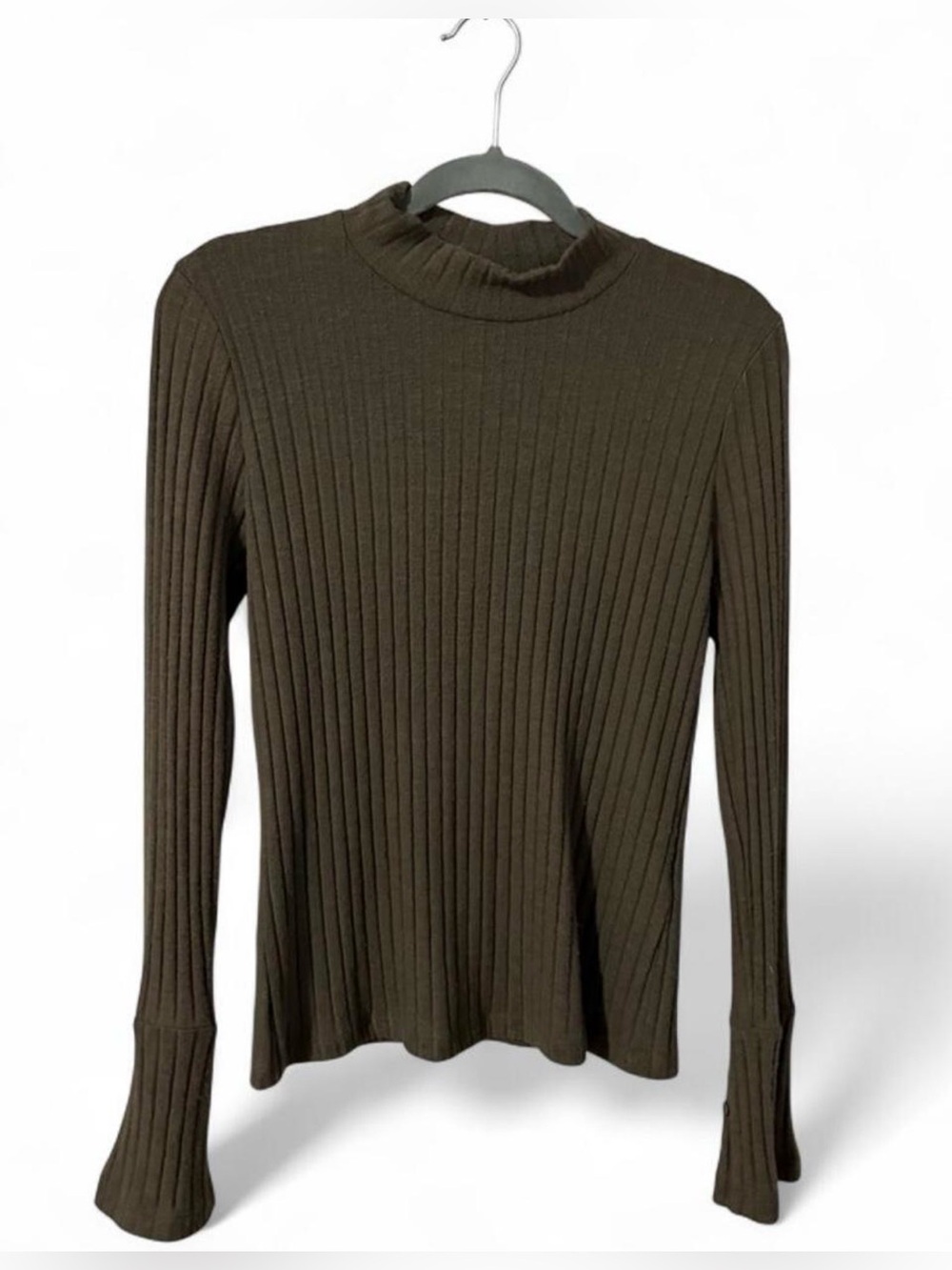 Michael Stars M Olive Brown Ribbed Mock Neck Top Button Cuff Made USA